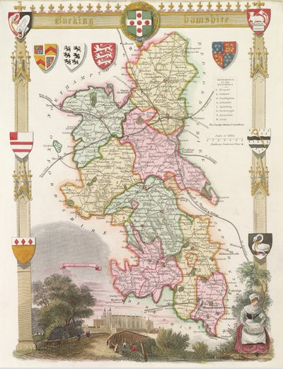 Buckinghamshire mit Illustrationen der Eton College Chapel (handkolorierter Stich) von English School